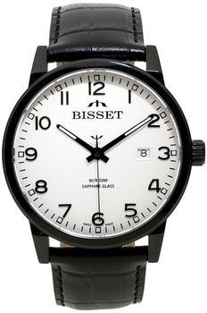 Bisset BIS185 BSCE62 – elegancki męski zegarek szwajcarski z mechanizmem kwarcowym, białą tarczą, czarną kopertą, szafirowym szkłem i skórzanym paskiem. Wodoszczelność ograniczona, datownik.1.jpg